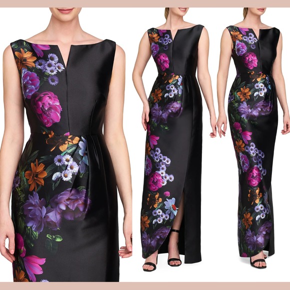 NEW $338 Kay‎ Unger [ SZ 6 ] Helene Peony Bouquet Column Gown Black Raven S2052 - Picture 2 of 14